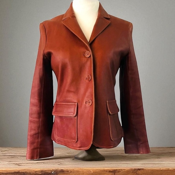 VTG THEORY COGNAC LEATHER JACKET MITCHELLS WESTPORT Size 12 - Picture 1 of 17